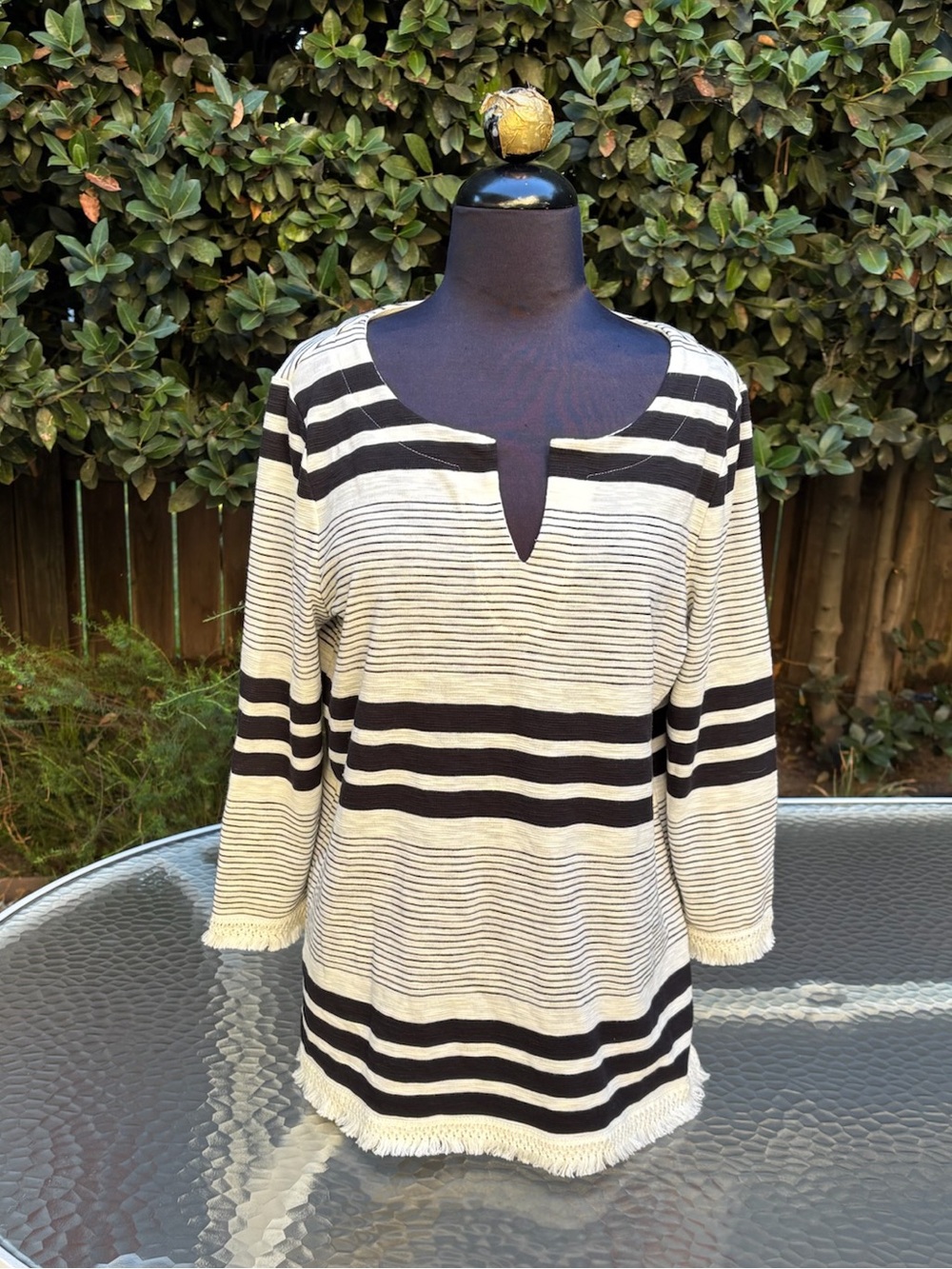 T by Talbots textured knit striped tunic top with fringe - Size M